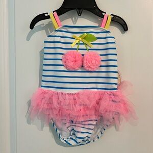 NWT Kate Mack Toddler Swim, Blue & White stripes with pink Tulle Cherry Design